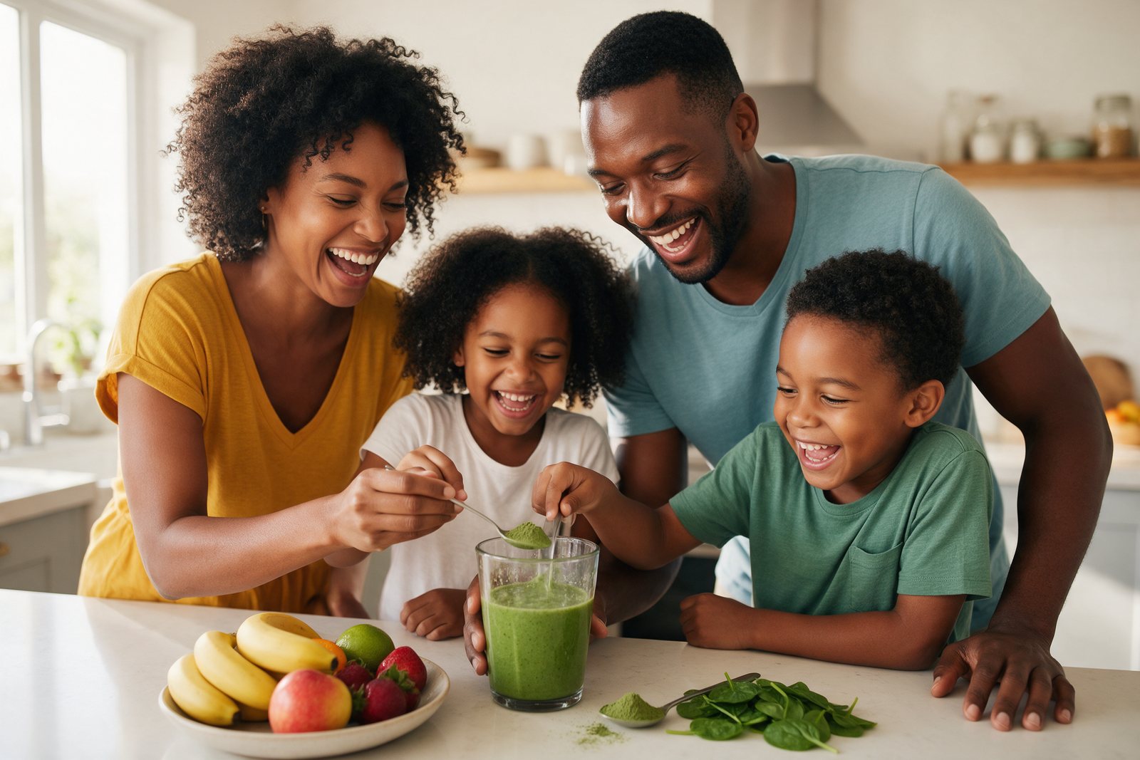 A family making green smoothies together