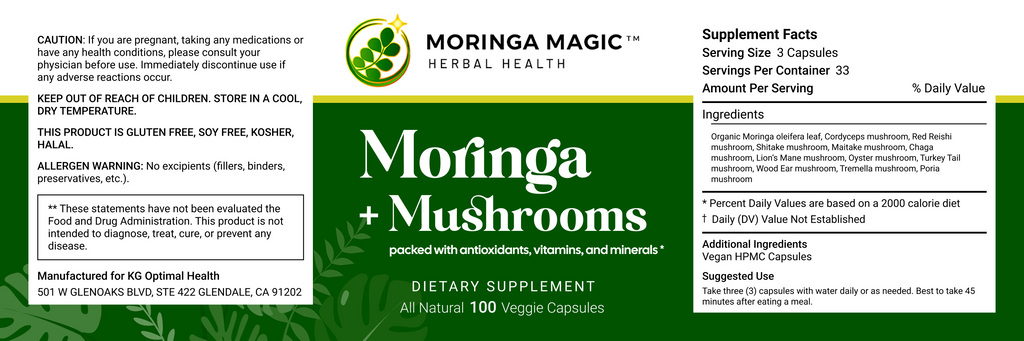 Moringa + Mushrooms label