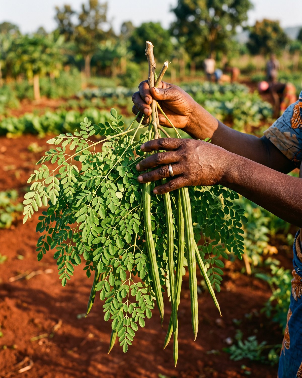 Hands holding a fresh moringa branch with leaves and long drumstick pods on a farm